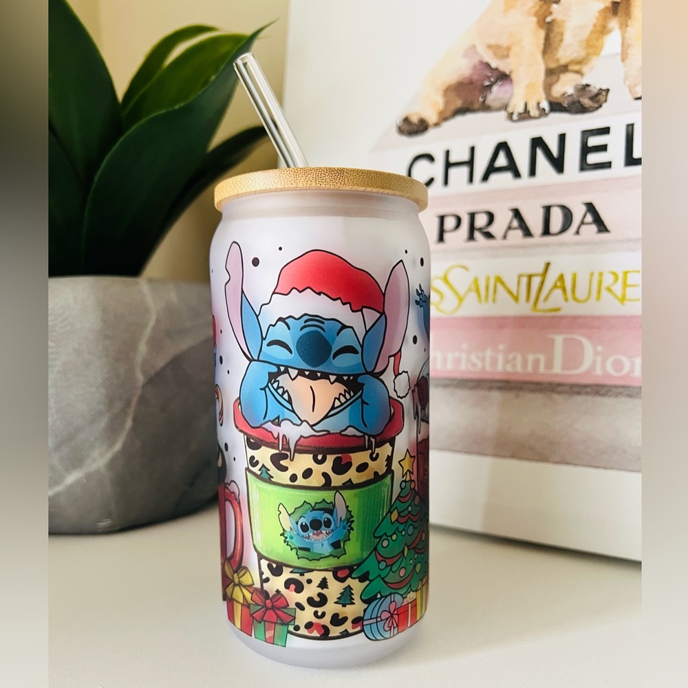 16oz Blue Guy Christmas Glass Can with Bamboo Lid and Glass Straw